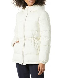 Женская пуховая куртка с резинкой и тяжелым поясом в цвете слоновой кости