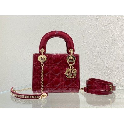 Dior LADY Three Grid Cherry Red Lacquer Leather Handbag